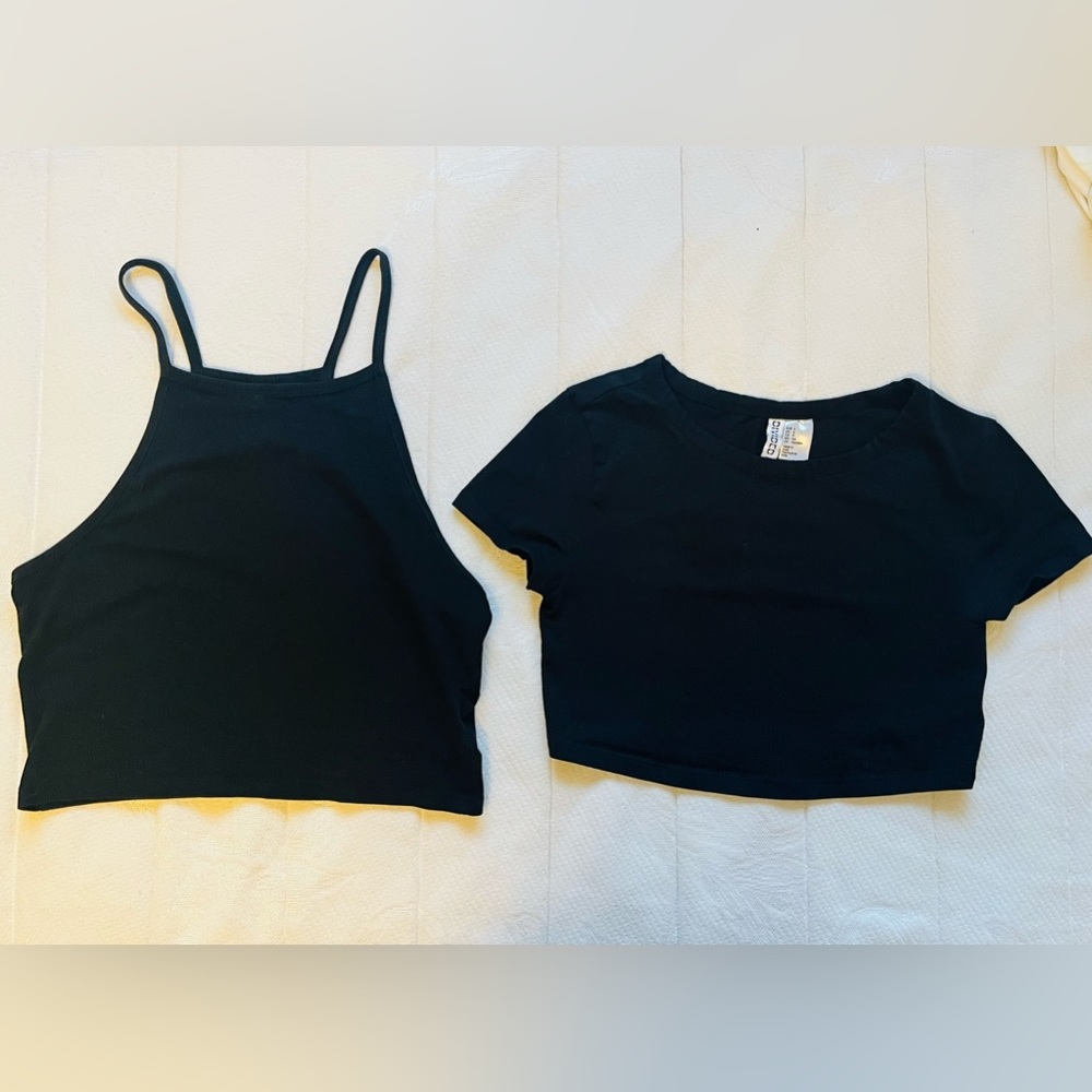 pair of black, cropped Divided tops- tank & tee